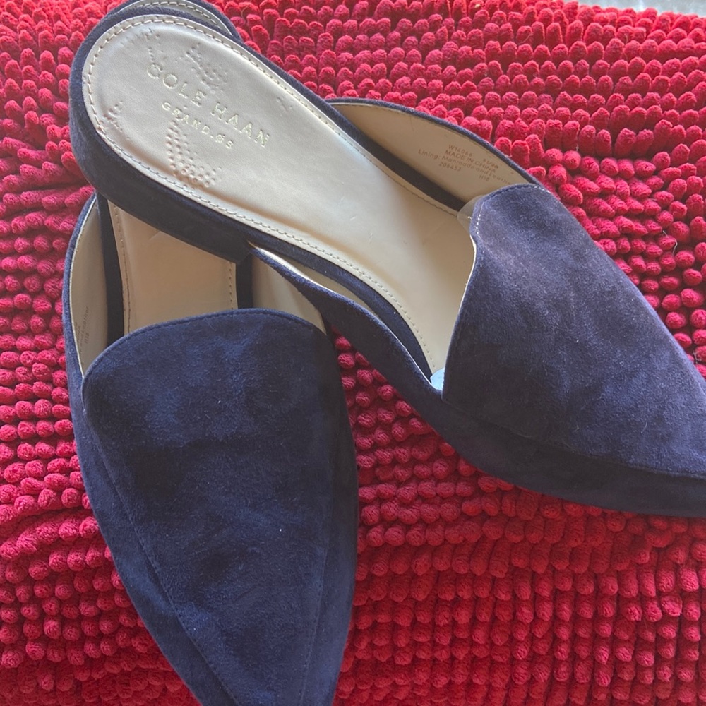 A pair of gently used suede, shoes